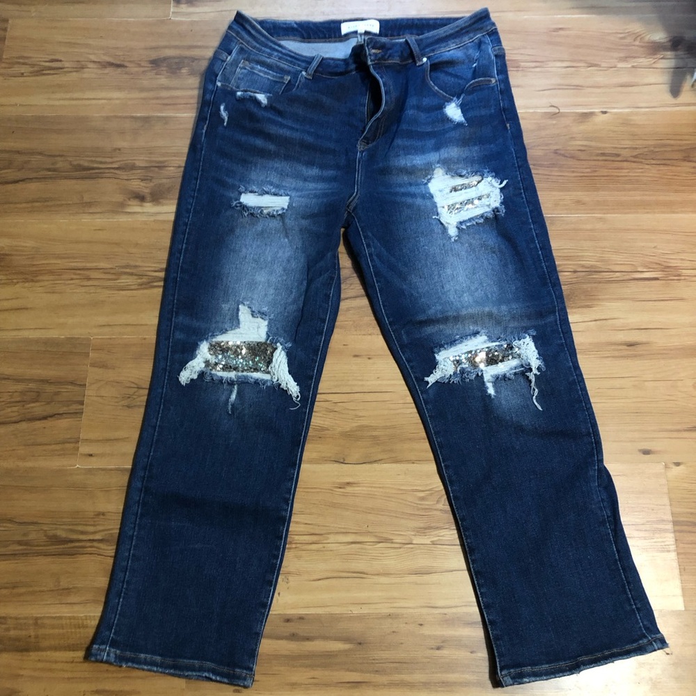 High-Rise Dark Blue Distressed Women's Jeans with Sequin Knee Inserts